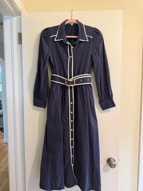 Navy Long Sleeve Button-Front Belted Dress
